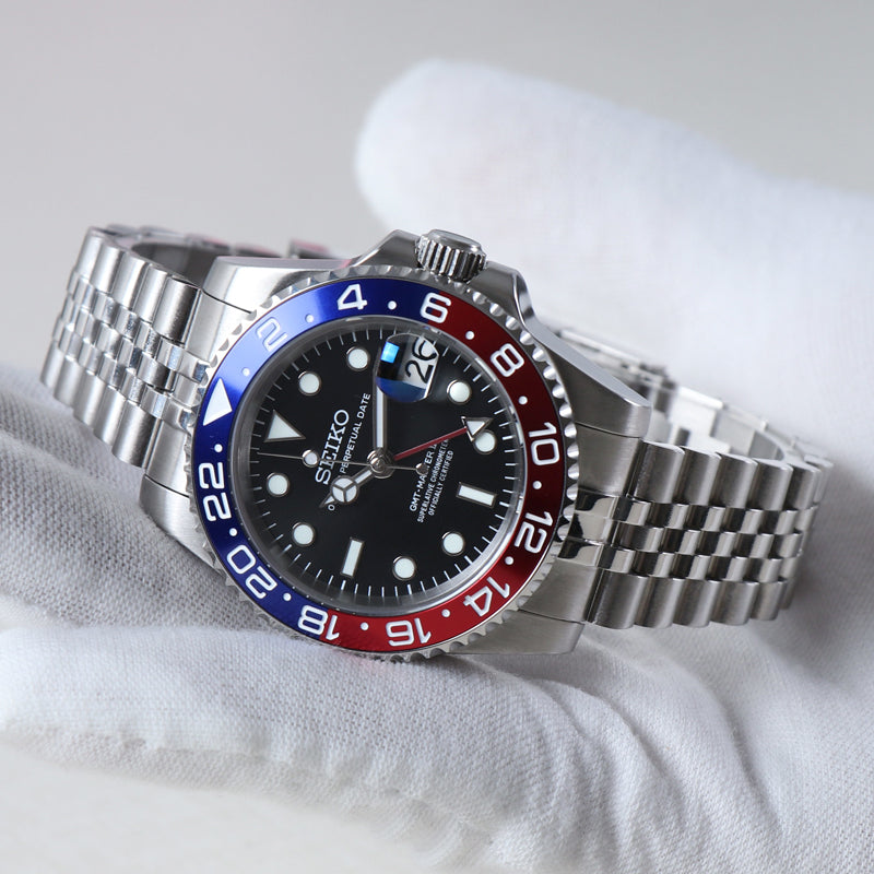 Seiko Mod GMT “Pepsi” NH34 Automático – Jubilee Steel Premium